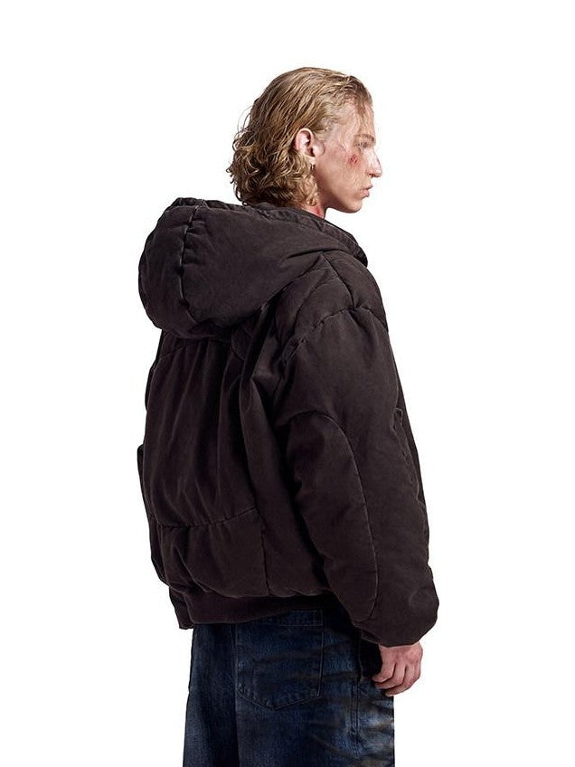 HAS2SONS Brown Washed Oversized Bomber Detachable Hood Women's Cotton Puffer Jackets
