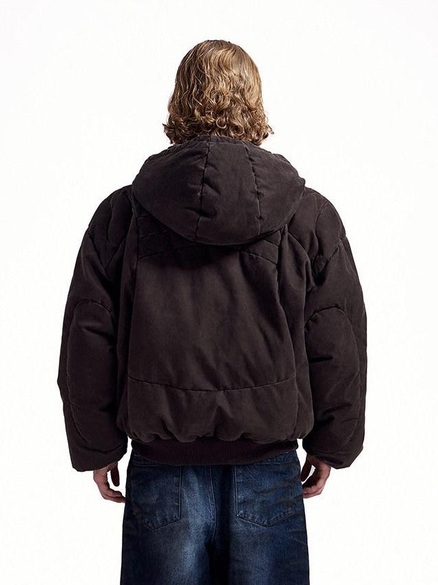 HAS2SONS Brown Washed Oversized Bomber Detachable Hood Women's Cotton Puffer Jackets