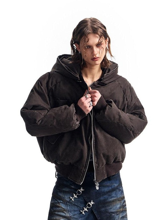 HAS2SONS Brown Washed Oversized Bomber Detachable Hood Women's Cotton Puffer Jackets