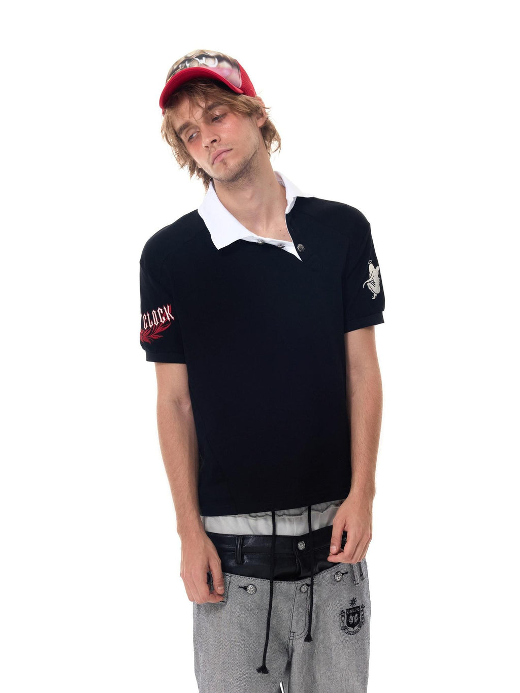 HAS2SONS Contrast Embroidered Asymmetric Collar Back Letter Women's Classic Polos