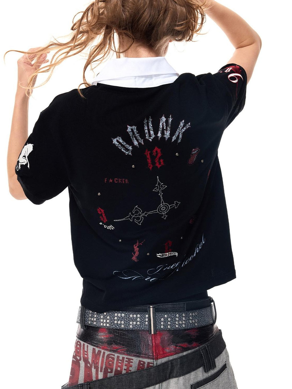 HAS2SONS Contrast Embroidered Asymmetric Collar Back Letter Women's Classic Polos
