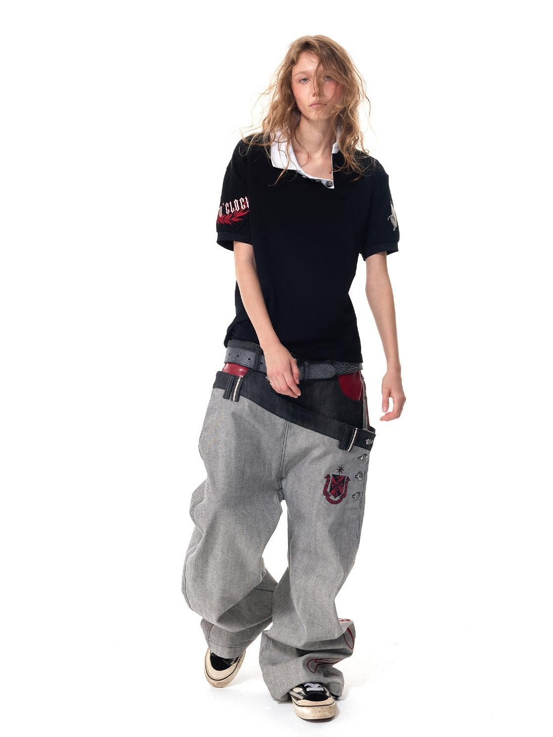 HAS2SONS Contrast Embroidered Asymmetric Collar Back Letter Women's Classic Polos