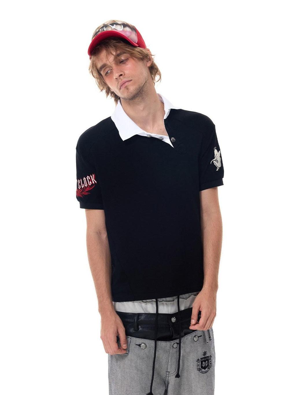 HAS2SONS Contrast Embroidered Asymmetric Collar Back Letter Women's Classic Polos