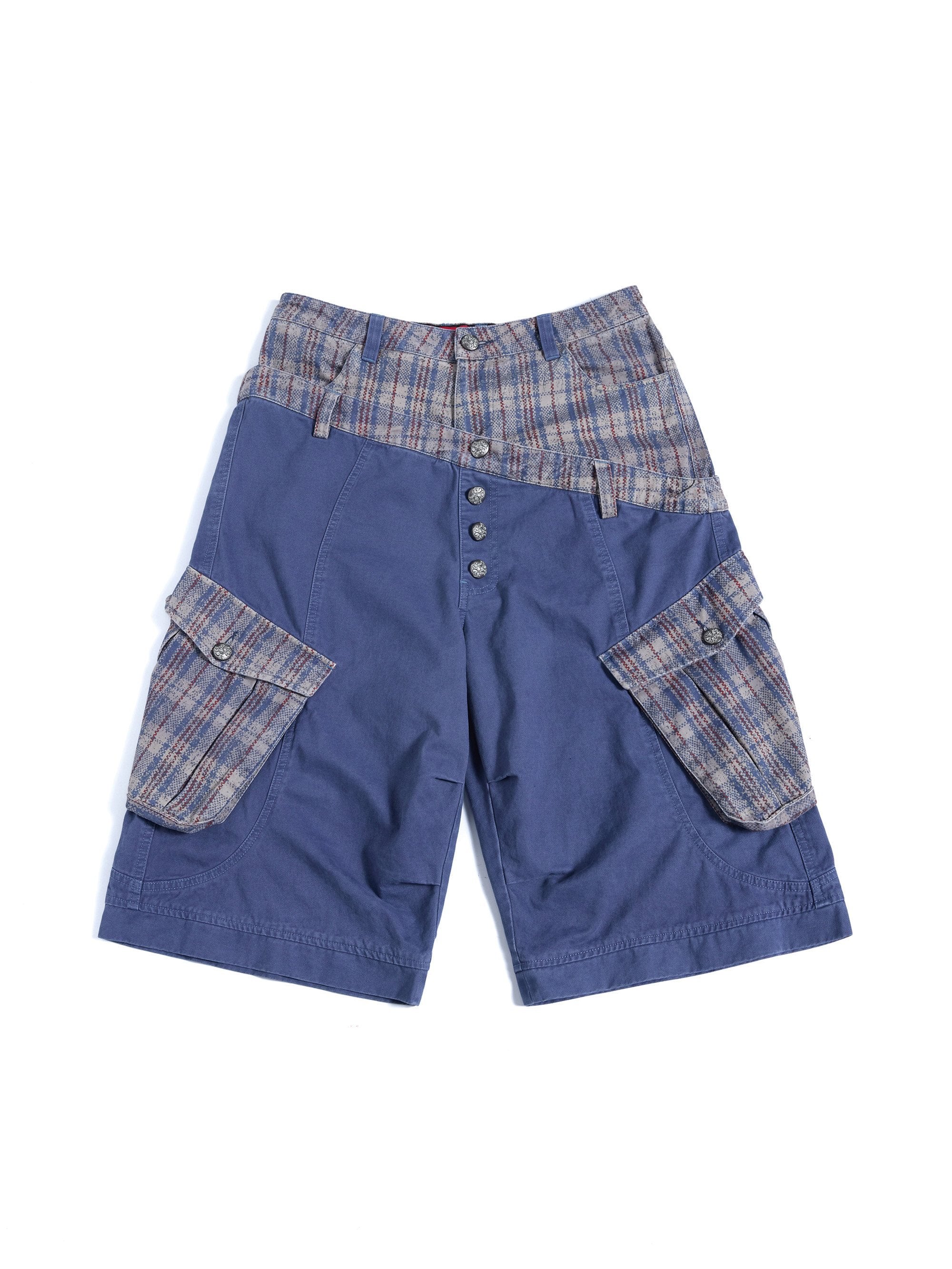 HAS2SONS_Cropped_Snakeskin_Patchwork_Plaid_Double_Waist_Four_Button_Women's_Cargo_Shorts_1056463395136_MISSTT