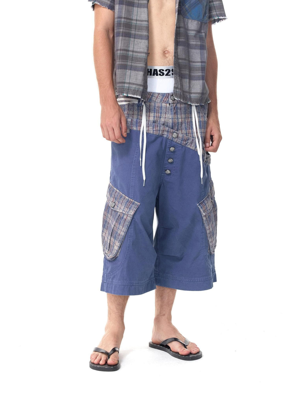 HAS2SONS Cropped Snakeskin Patchwork Plaid Double Waist Four Button Women's Cargo Shorts
