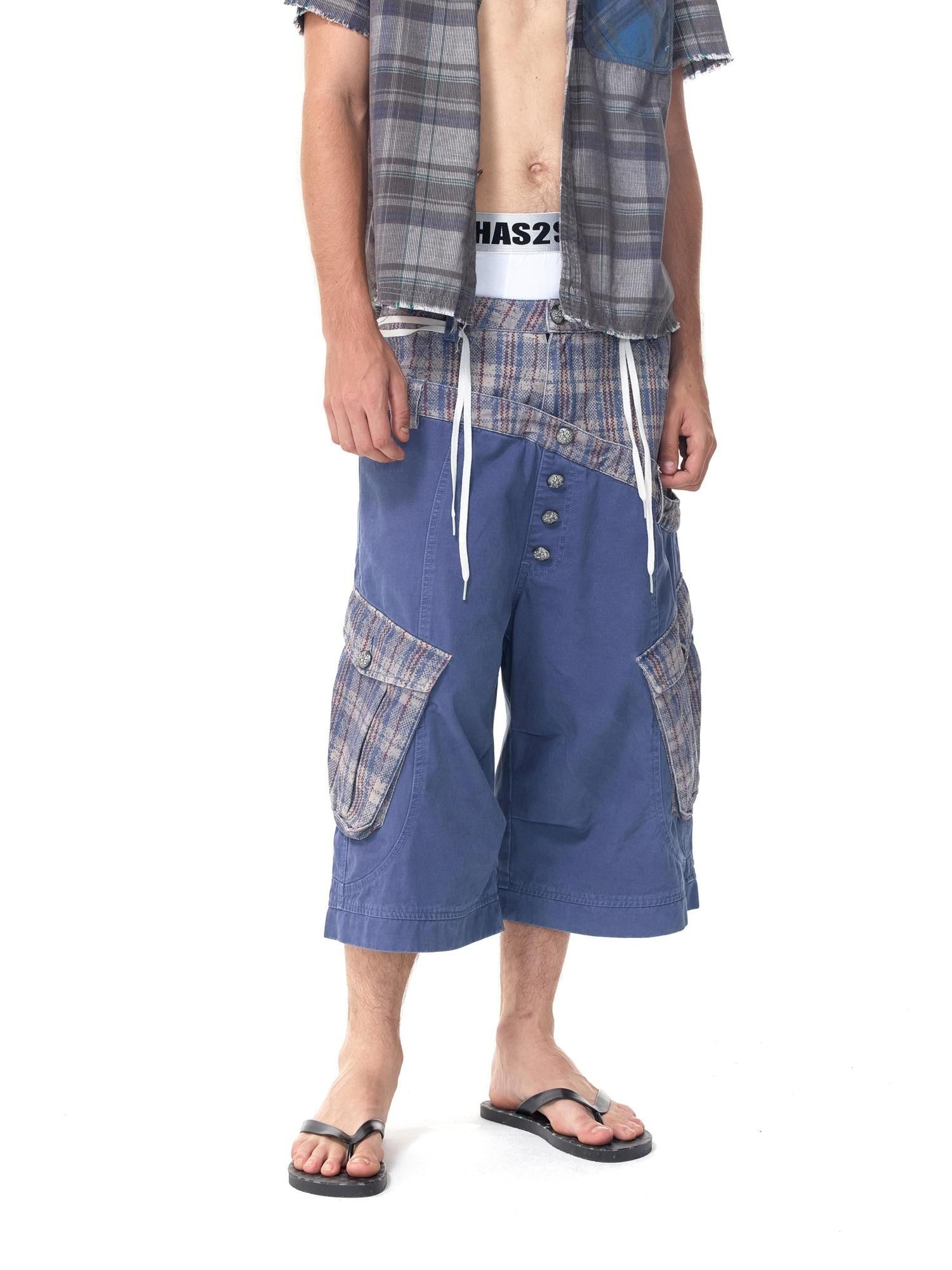 HAS2SONS Cropped Snakeskin Patchwork Plaid Double Waist Four Button Women's Cargo Shorts