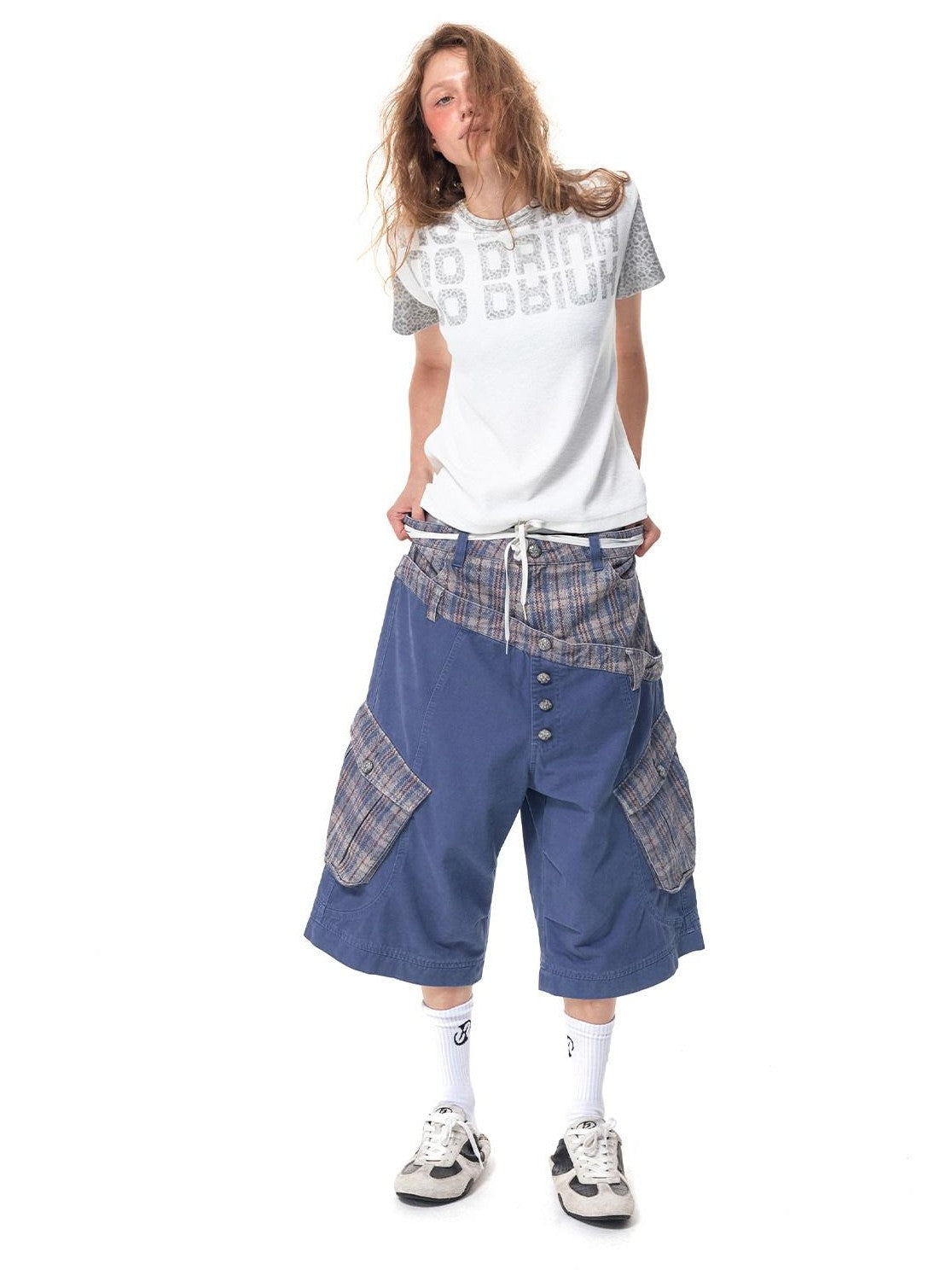 HAS2SONS Cropped Snakeskin Patchwork Plaid Double Waist Four Button Women's Cargo Shorts