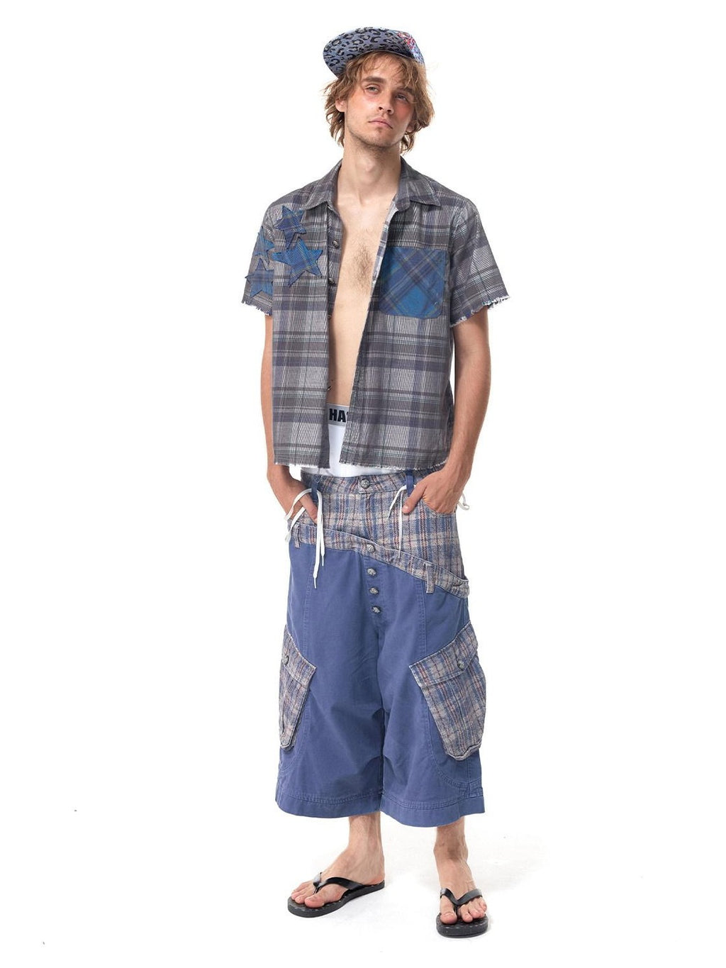 HAS2SONS Cropped Snakeskin Patchwork Plaid Double Waist Four Button Women's Cargo Shorts