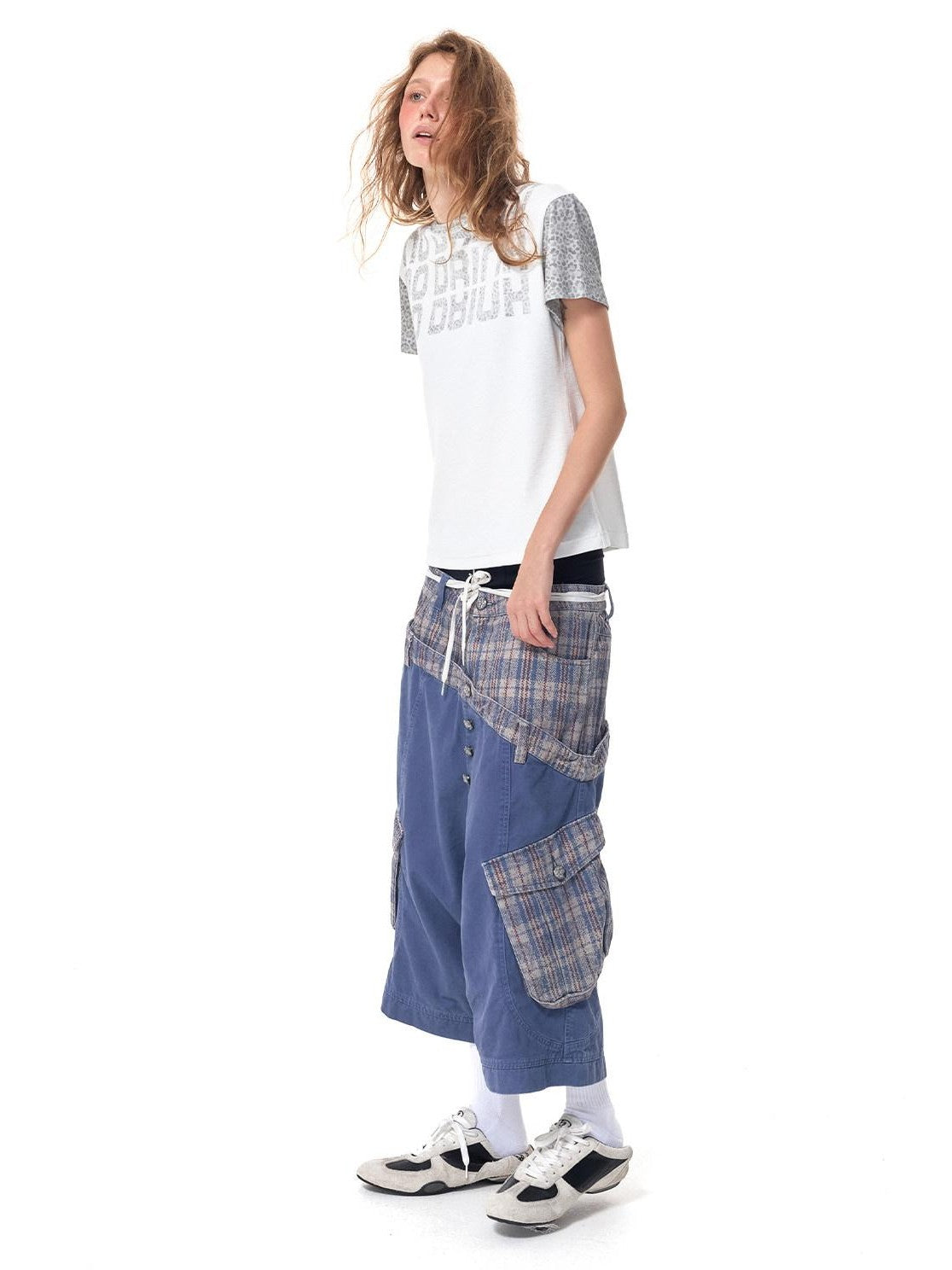 HAS2SONS Cropped Snakeskin Patchwork Plaid Double Waist Four Button Women's Cargo Shorts