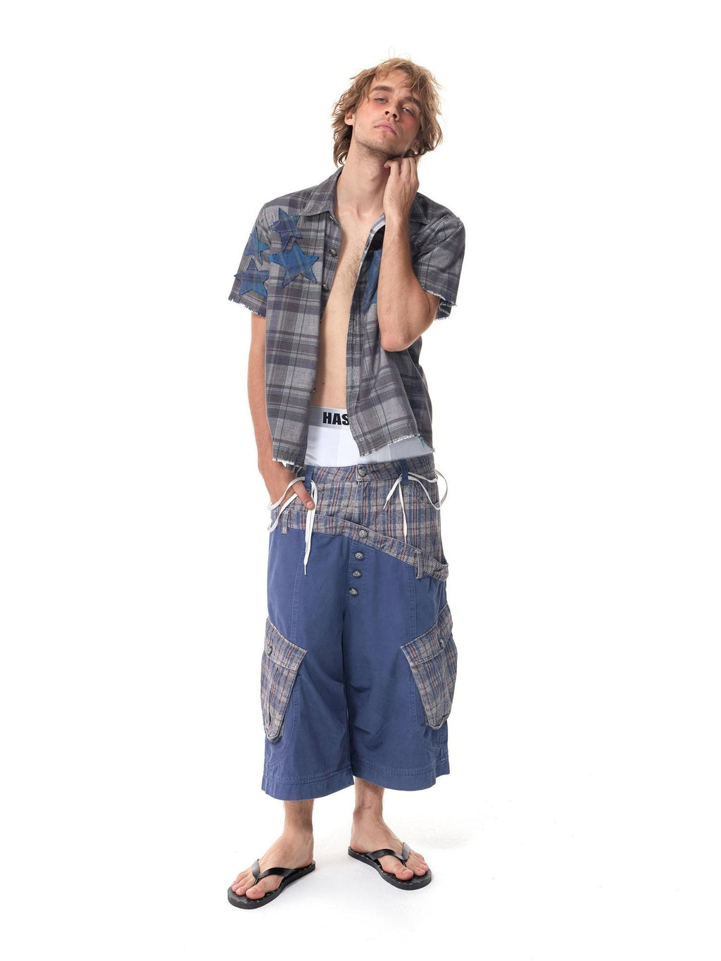 HAS2SONS Cropped Snakeskin Patchwork Plaid Double Waist Four Button Women's Cargo Shorts