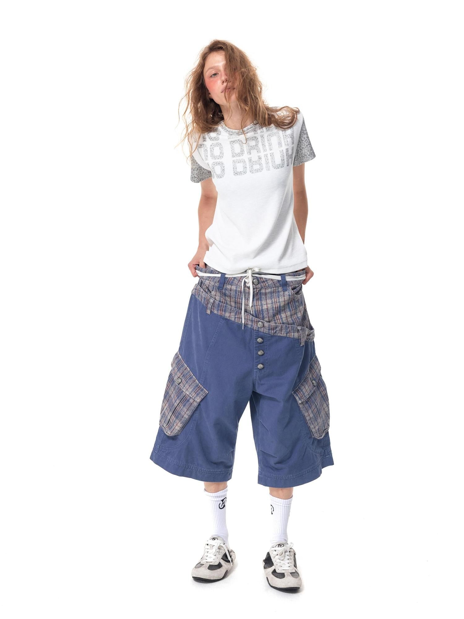 HAS2SONS Cropped Snakeskin Patchwork Plaid Double Waist Four Button Women's Cargo Shorts