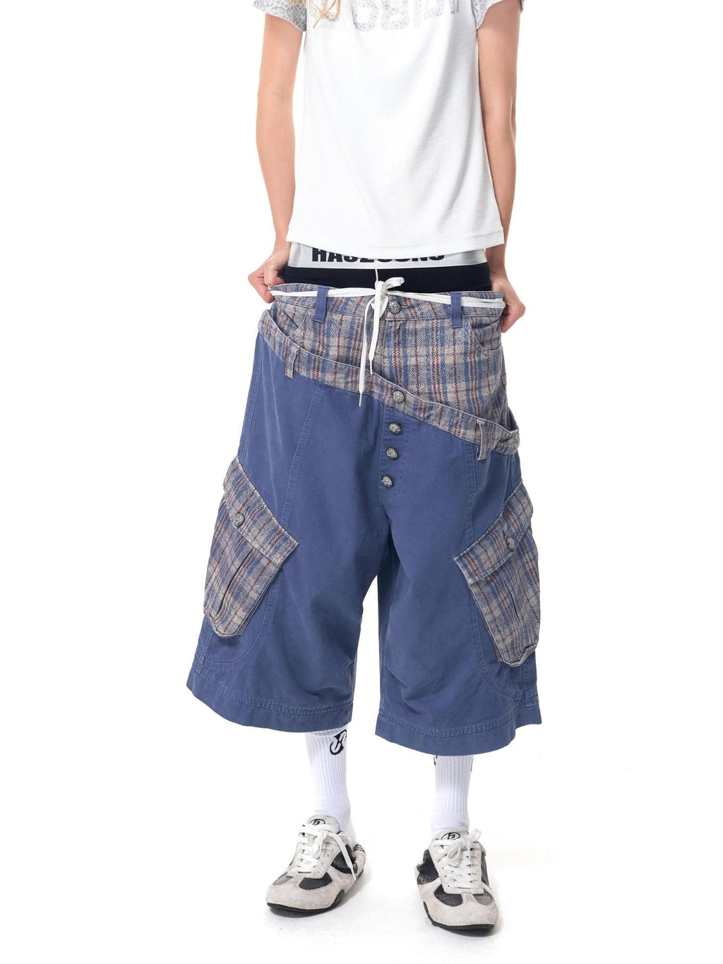 HAS2SONS Cropped Snakeskin Patchwork Plaid Double Waist Four Button Women's Cargo Shorts
