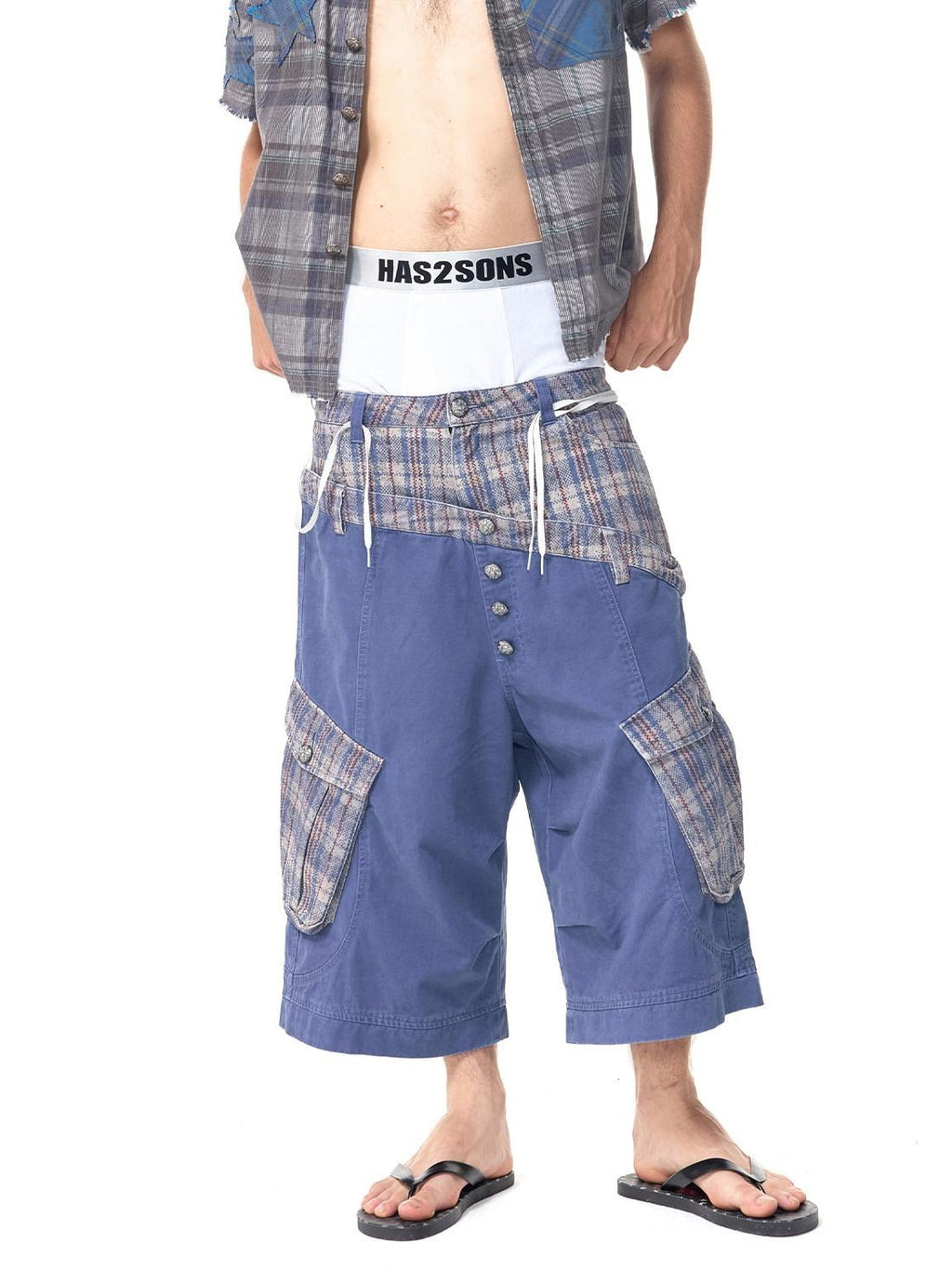 HAS2SONS Cropped Snakeskin Patchwork Plaid Double Waist Four Button Women's Cargo Shorts