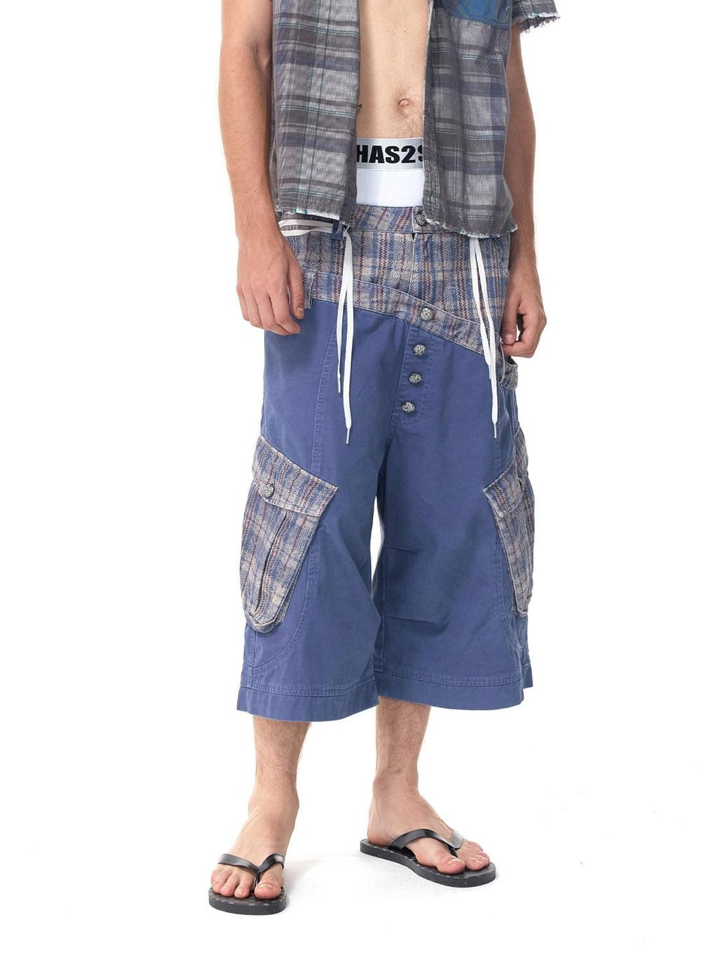 HAS2SONS Cropped Snakeskin Patchwork Plaid Double Waist Four Button Women's Cargo Shorts