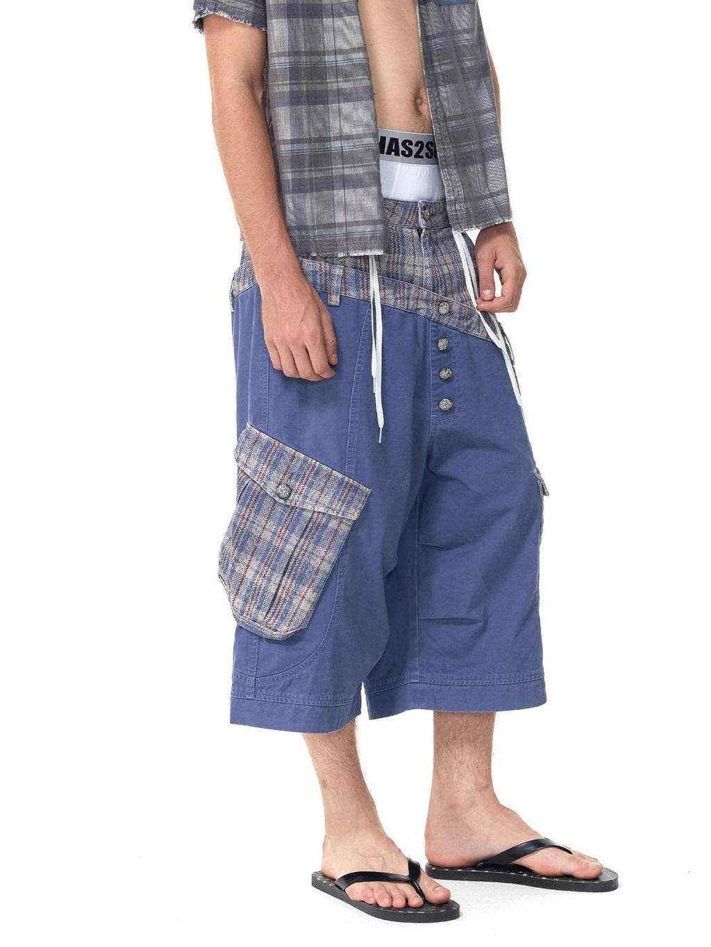 HAS2SONS Cropped Snakeskin Patchwork Plaid Double Waist Four Button Women's Cargo Shorts