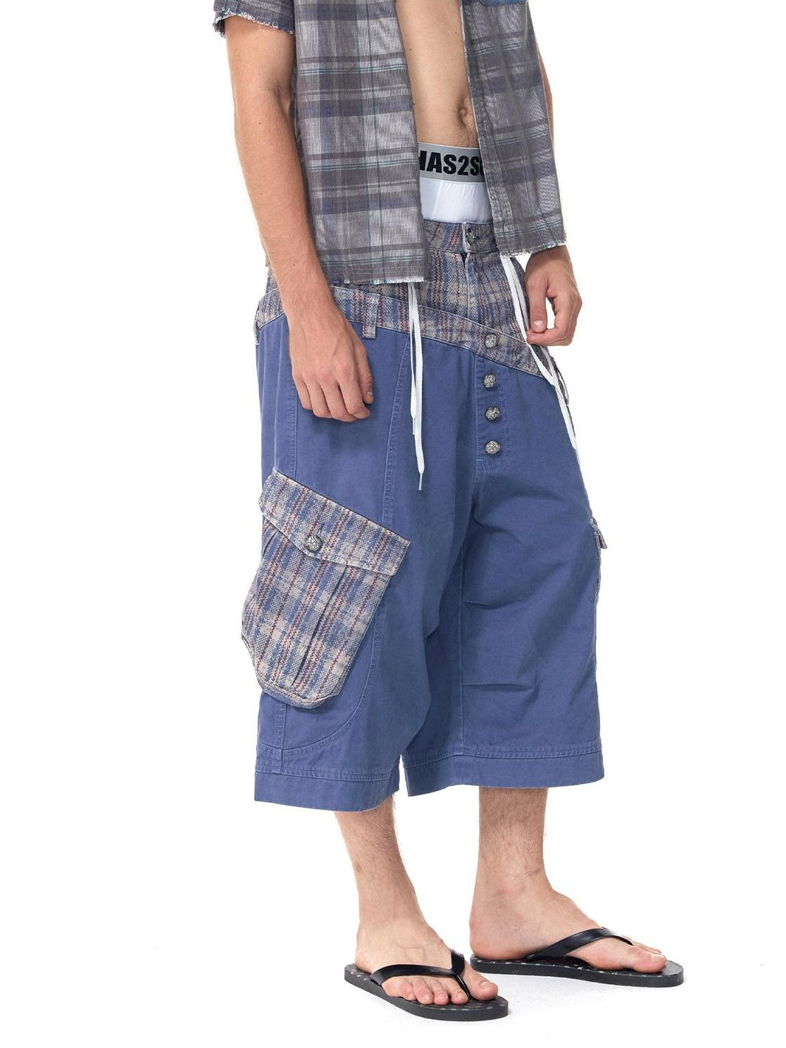 HAS2SONS Cropped Snakeskin Patchwork Plaid Double Waist Four Button Women's Cargo Shorts