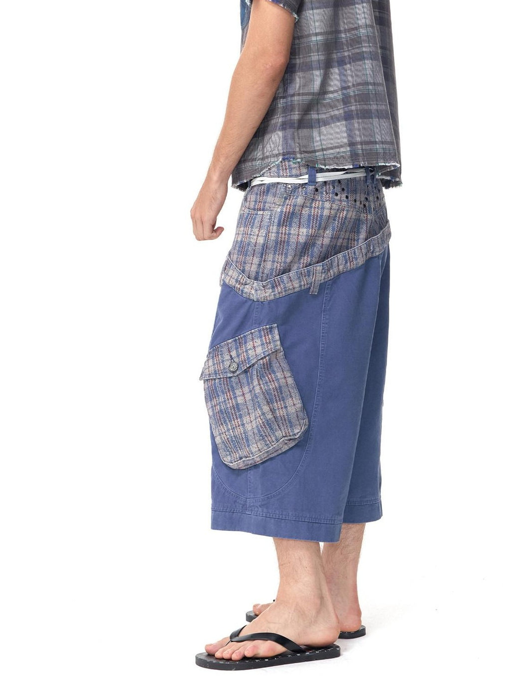 HAS2SONS Cropped Snakeskin Patchwork Plaid Double Waist Four Button Women's Cargo Shorts