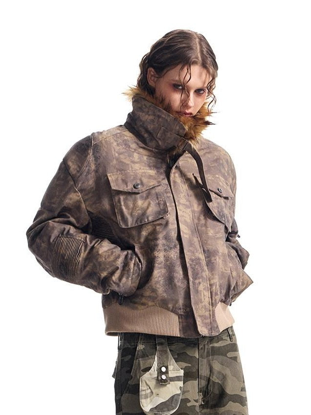 HAS2SONS Desert Camo Cropped Padded Shoulders Detachable Fur Collar Women's Field Jackets