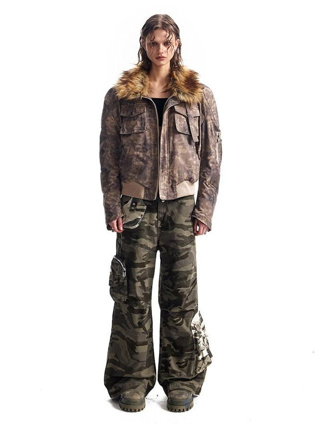 HAS2SONS Desert Camo Cropped Padded Shoulders Detachable Fur Collar Women's Field Jackets