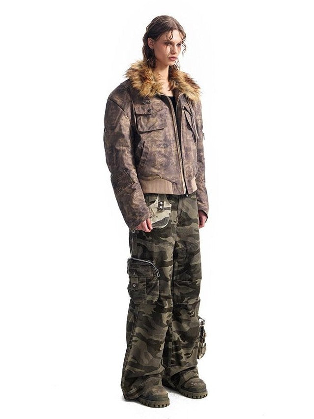 HAS2SONS Desert Camo Cropped Padded Shoulders Detachable Fur Collar Women's Field Jackets