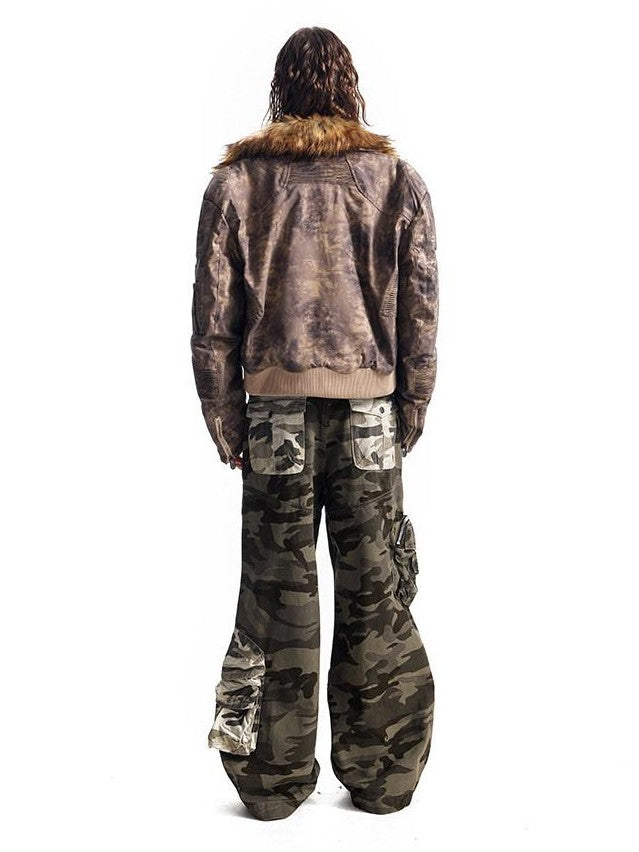 HAS2SONS Desert Camo Cropped Padded Shoulders Detachable Fur Collar Women's Field Jackets
