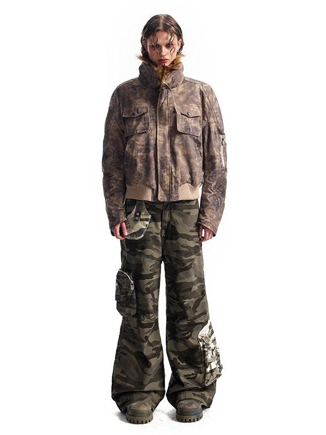 HAS2SONS Desert Camo Cropped Padded Shoulders Detachable Fur Collar Women's Field Jackets