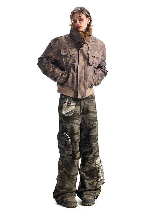 HAS2SONS Desert Camo Cropped Padded Shoulders Detachable Fur Collar Women's Field Jackets