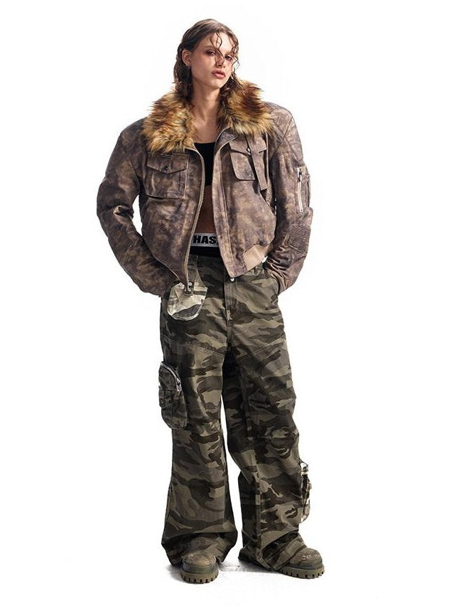 HAS2SONS Desert Camo Cropped Padded Shoulders Detachable Fur Collar Women's Field Jackets