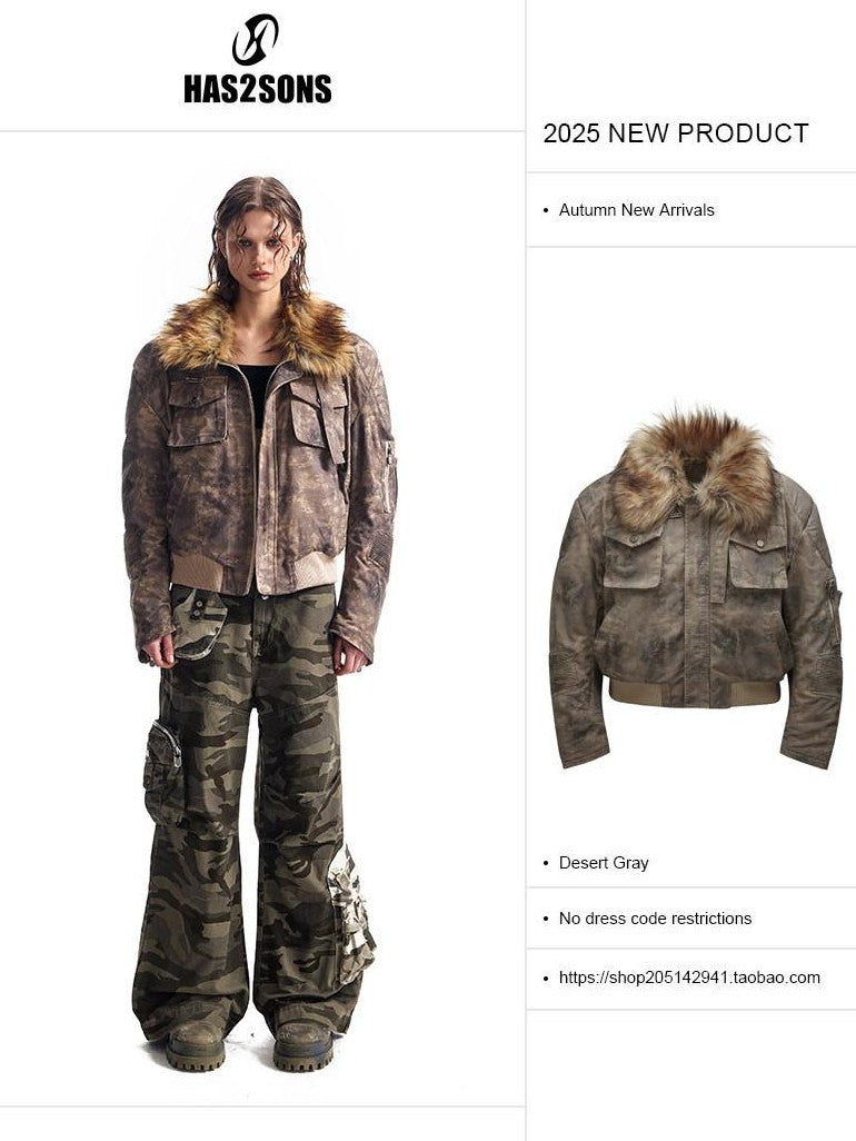 HAS2SONS Desert Camo Cropped Padded Shoulders Detachable Fur Collar Women's Field Jackets