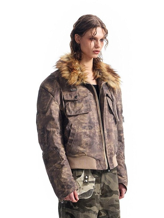 HAS2SONS Desert Camo Cropped Padded Shoulders Detachable Fur Collar Women's Field Jackets