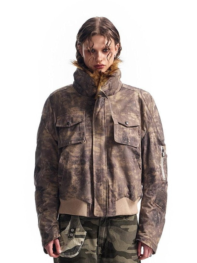 HAS2SONS Desert Camo Cropped Padded Shoulders Detachable Fur Collar Women's Field Jackets