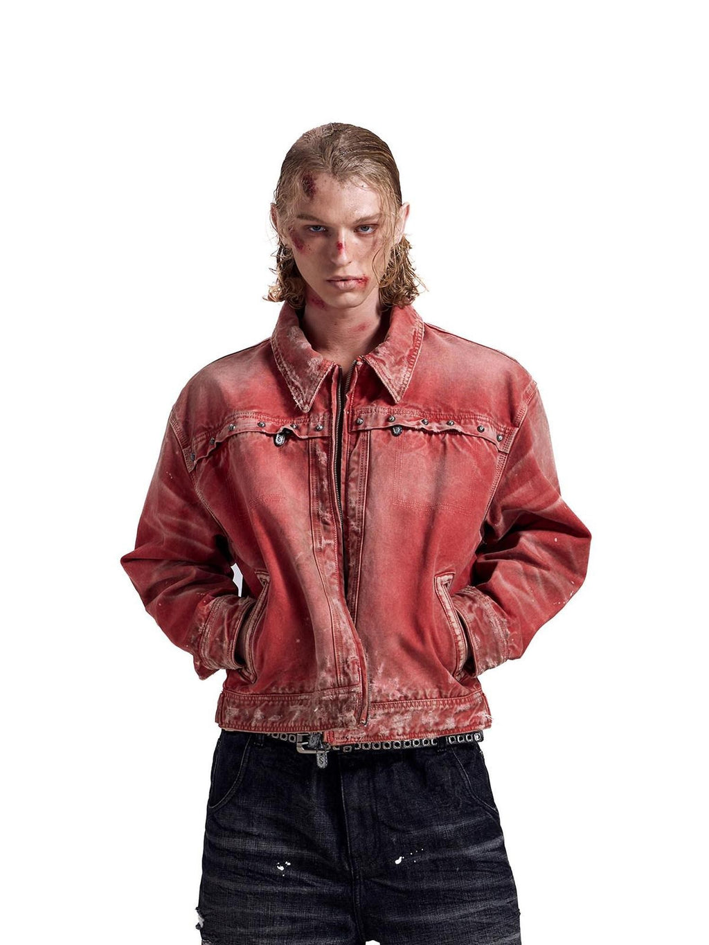 HAS2SONS Detroit Red Washed Distressed Rivet 3d Whisker Women's Cotton Varsity Jackets
