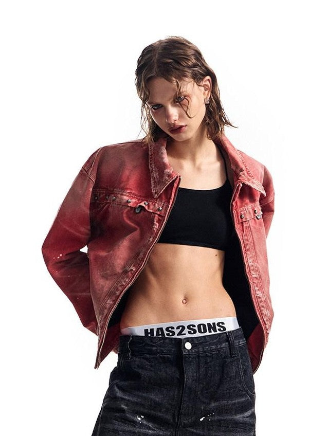 HAS2SONS Detroit Red Washed Distressed Rivet 3d Whisker Women's Cotton Varsity Jackets