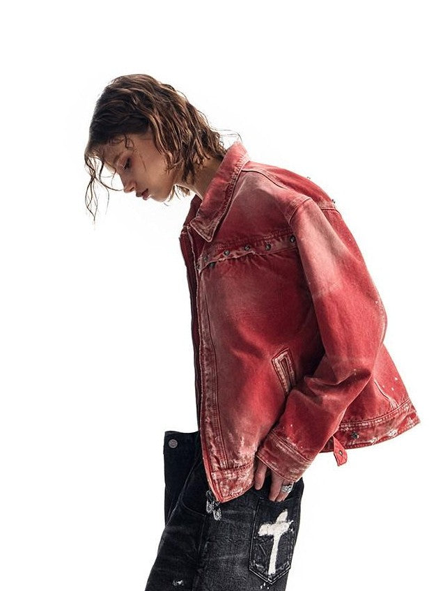 HAS2SONS Detroit Red Washed Distressed Rivet 3d Whisker Women's Cotton Varsity Jackets