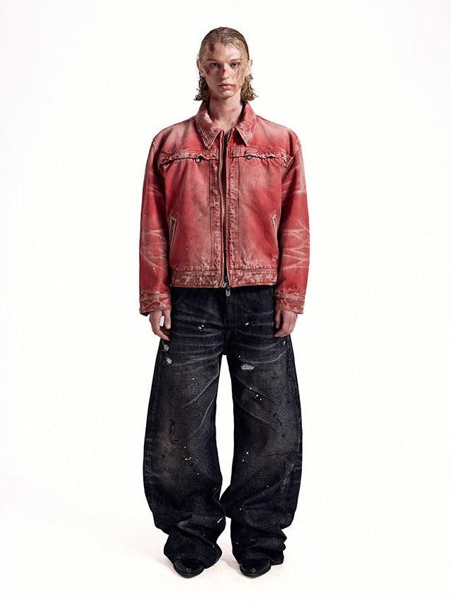 HAS2SONS Detroit Red Washed Distressed Rivet 3d Whisker Women's Cotton Varsity Jackets