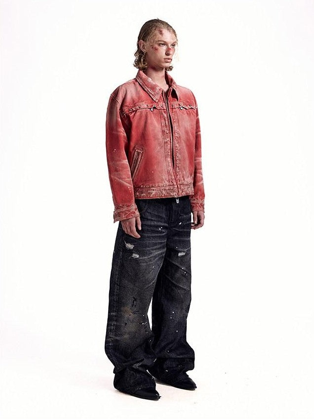 HAS2SONS Detroit Red Washed Distressed Rivet 3d Whisker Women's Cotton Varsity Jackets