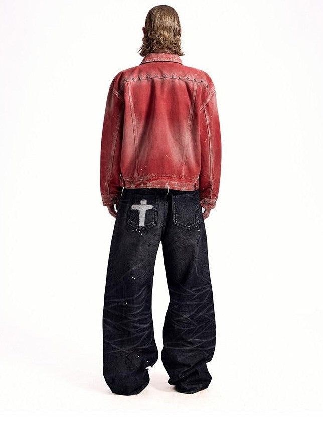 HAS2SONS Detroit Red Washed Distressed Rivet 3d Whisker Women's Cotton Varsity Jackets