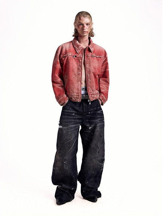 HAS2SONS Detroit Red Washed Distressed Rivet 3d Whisker Women's Cotton Varsity Jackets