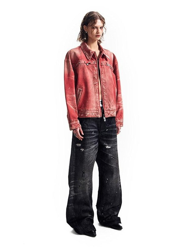 HAS2SONS Detroit Red Washed Distressed Rivet 3d Whisker Women's Cotton Varsity Jackets