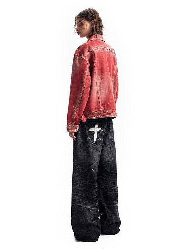 HAS2SONS Detroit Red Washed Distressed Rivet 3d Whisker Women's Cotton Varsity Jackets