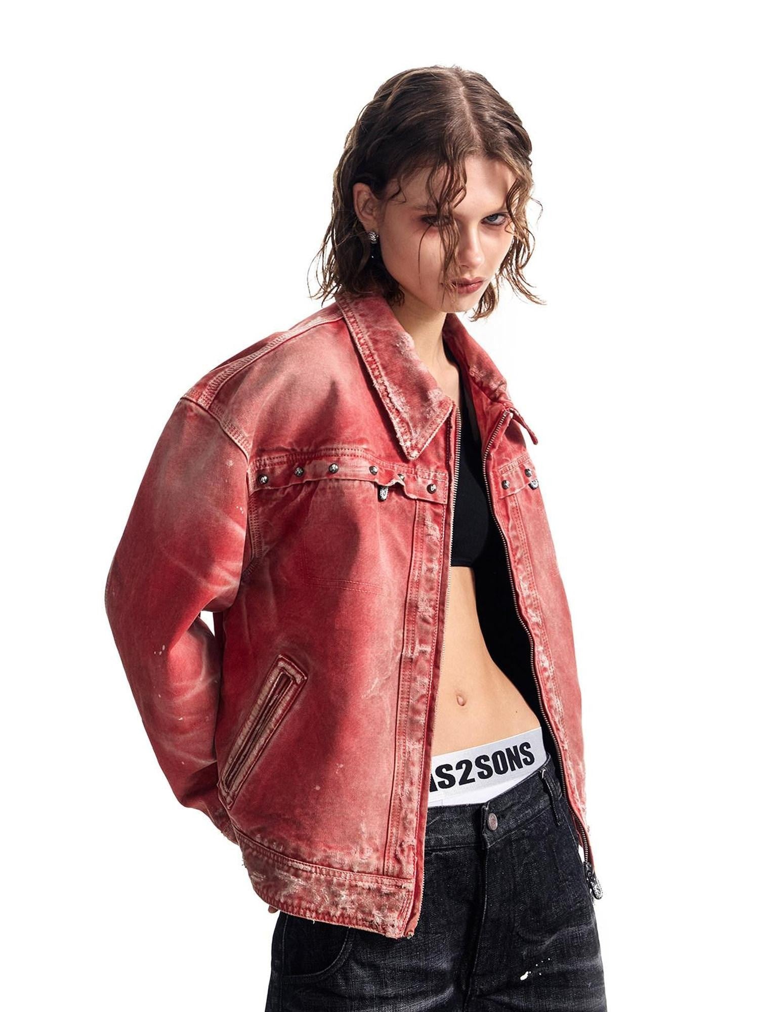 HAS2SONS Detroit Red Washed Distressed Rivet 3d Whisker Women's Cotton Varsity Jackets