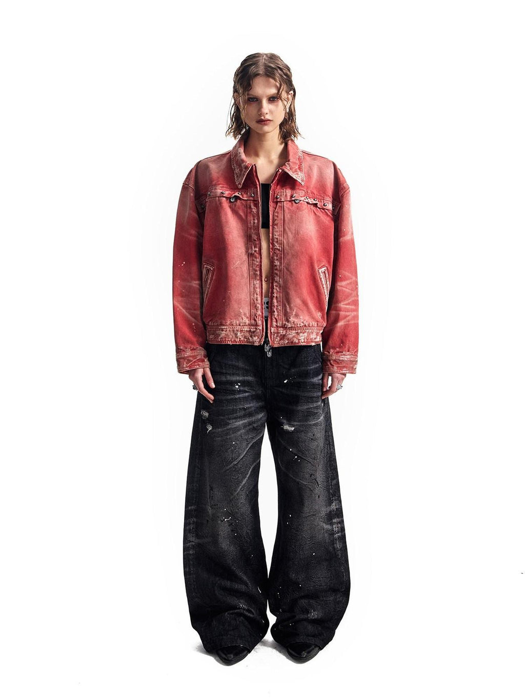 HAS2SONS Detroit Red Washed Distressed Rivet 3d Whisker Women's Cotton Varsity Jackets