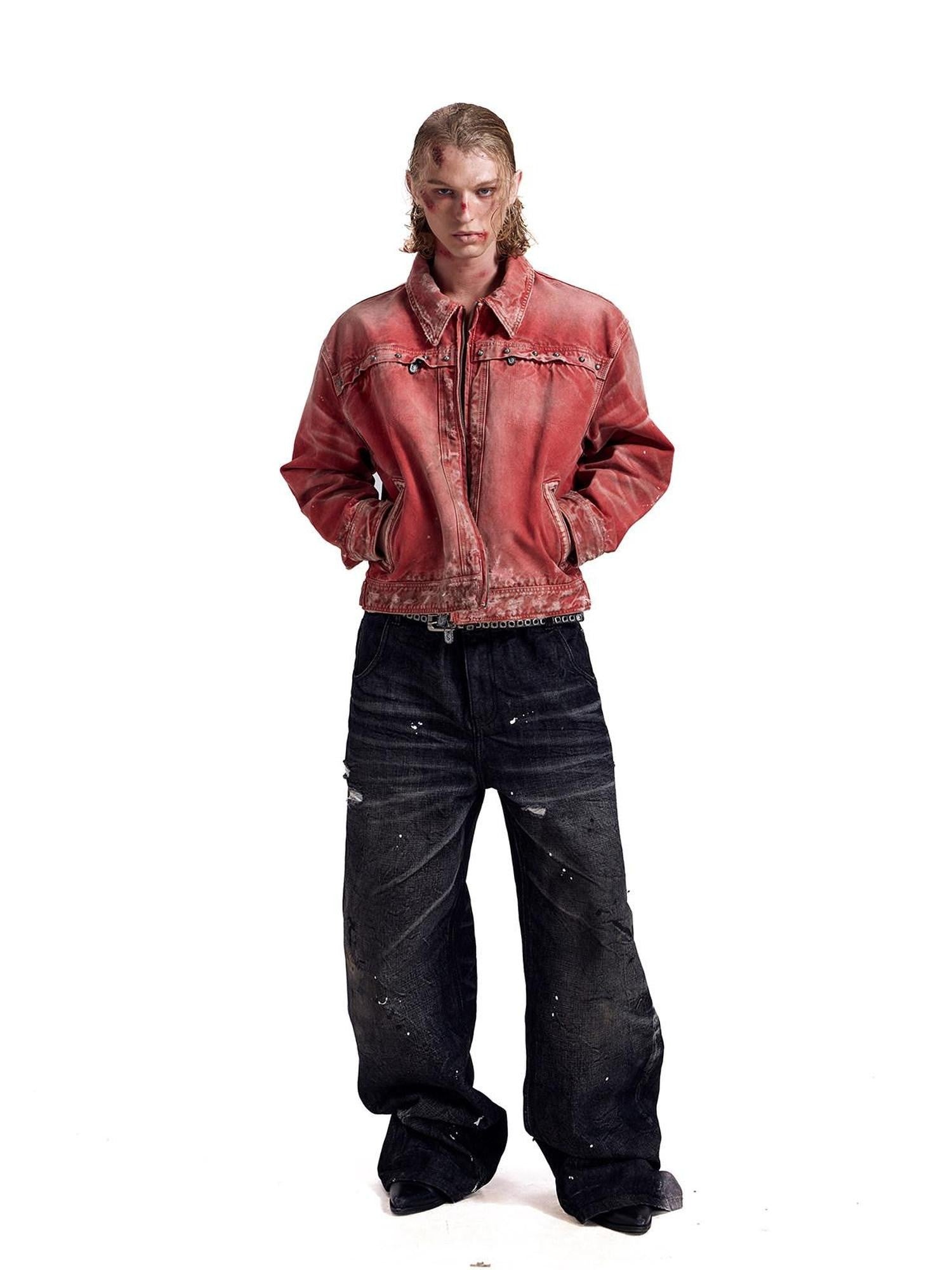 HAS2SONS Detroit Red Washed Distressed Rivet 3d Whisker Women's Cotton Varsity Jackets