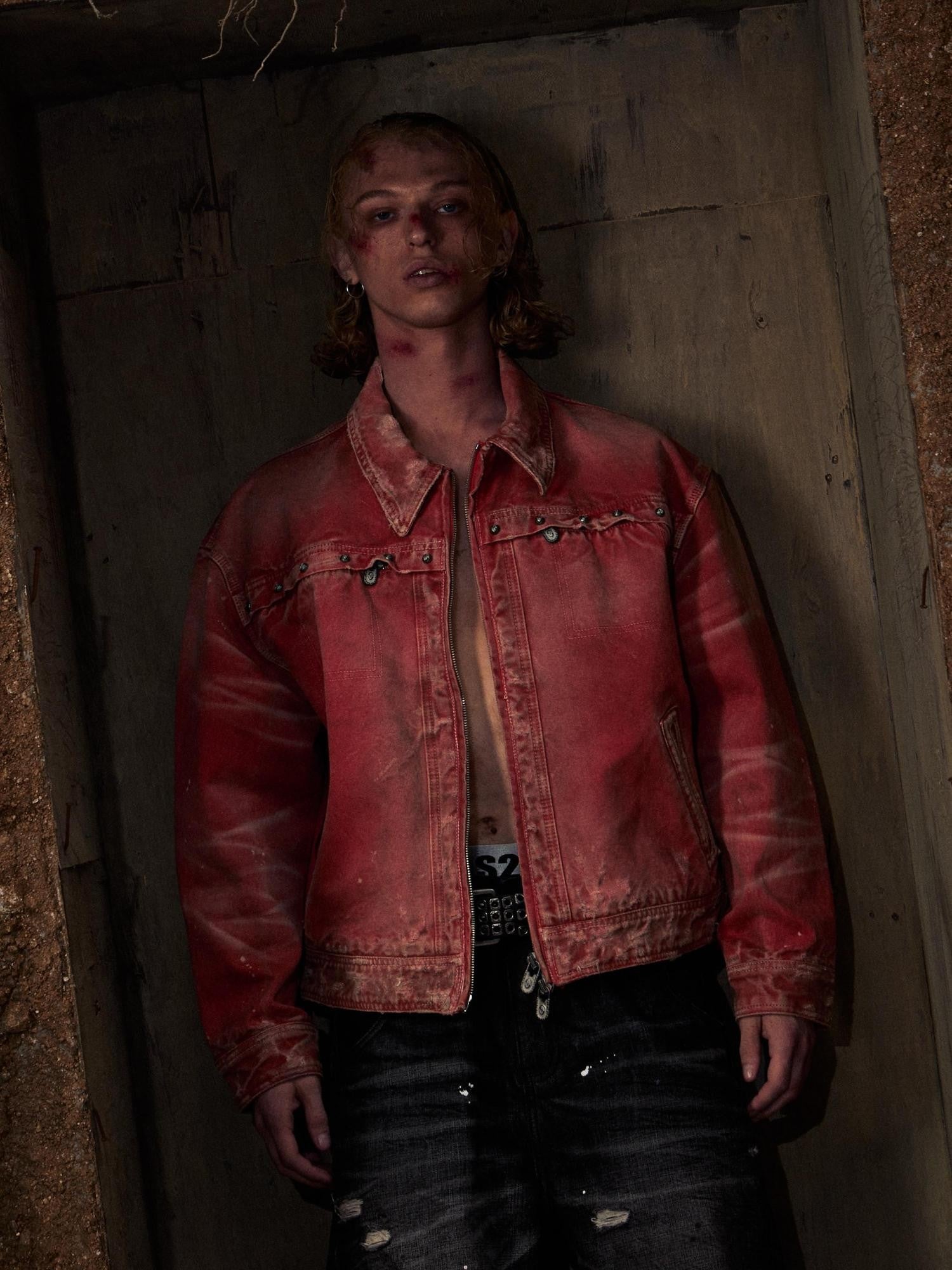 HAS2SONS Detroit Red Washed Distressed Rivet 3d Whisker Women's Cotton Varsity Jackets
