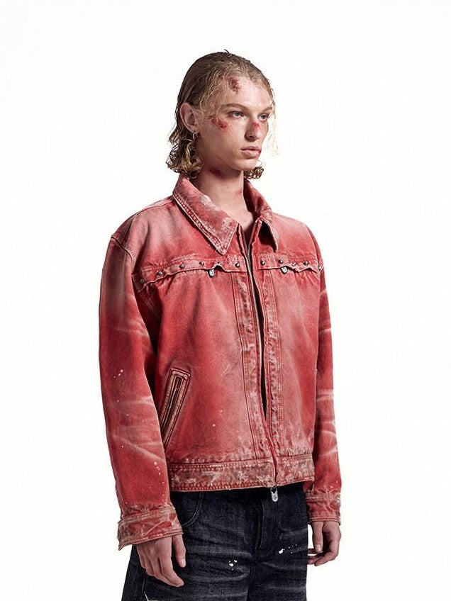 HAS2SONS Detroit Red Washed Distressed Rivet 3d Whisker Women's Cotton Varsity Jackets