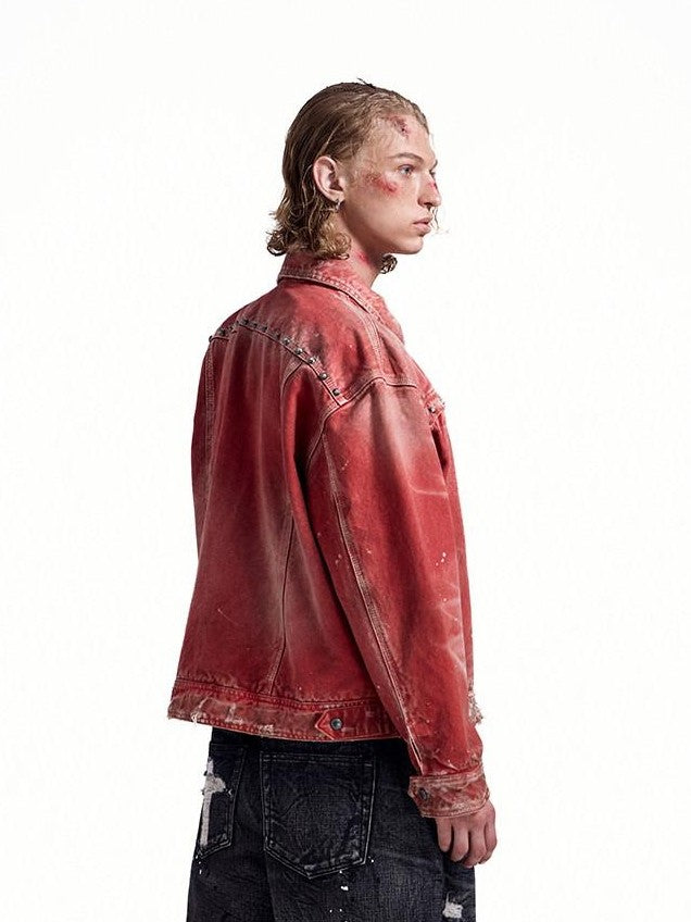 HAS2SONS Detroit Red Washed Distressed Rivet 3d Whisker Women's Cotton Varsity Jackets