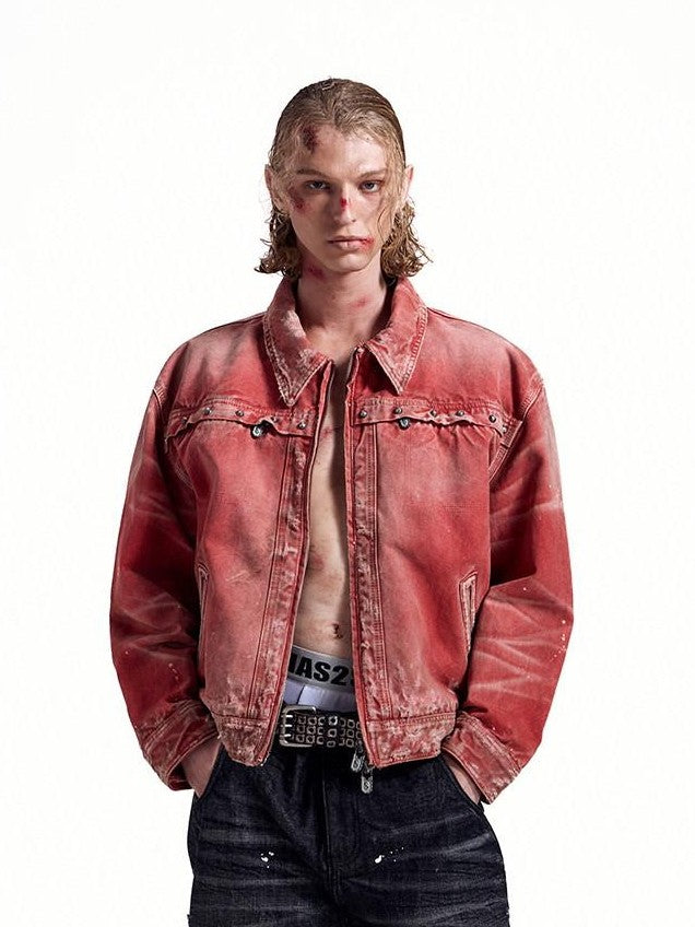 HAS2SONS Detroit Red Washed Distressed Rivet 3d Whisker Women's Cotton Varsity Jackets