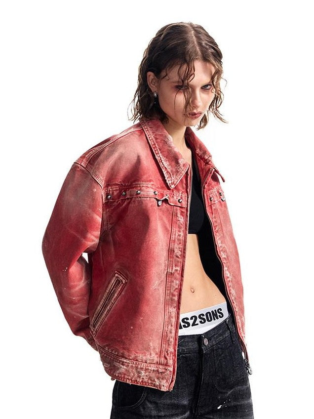 HAS2SONS Detroit Red Washed Distressed Rivet 3d Whisker Women's Cotton Varsity Jackets