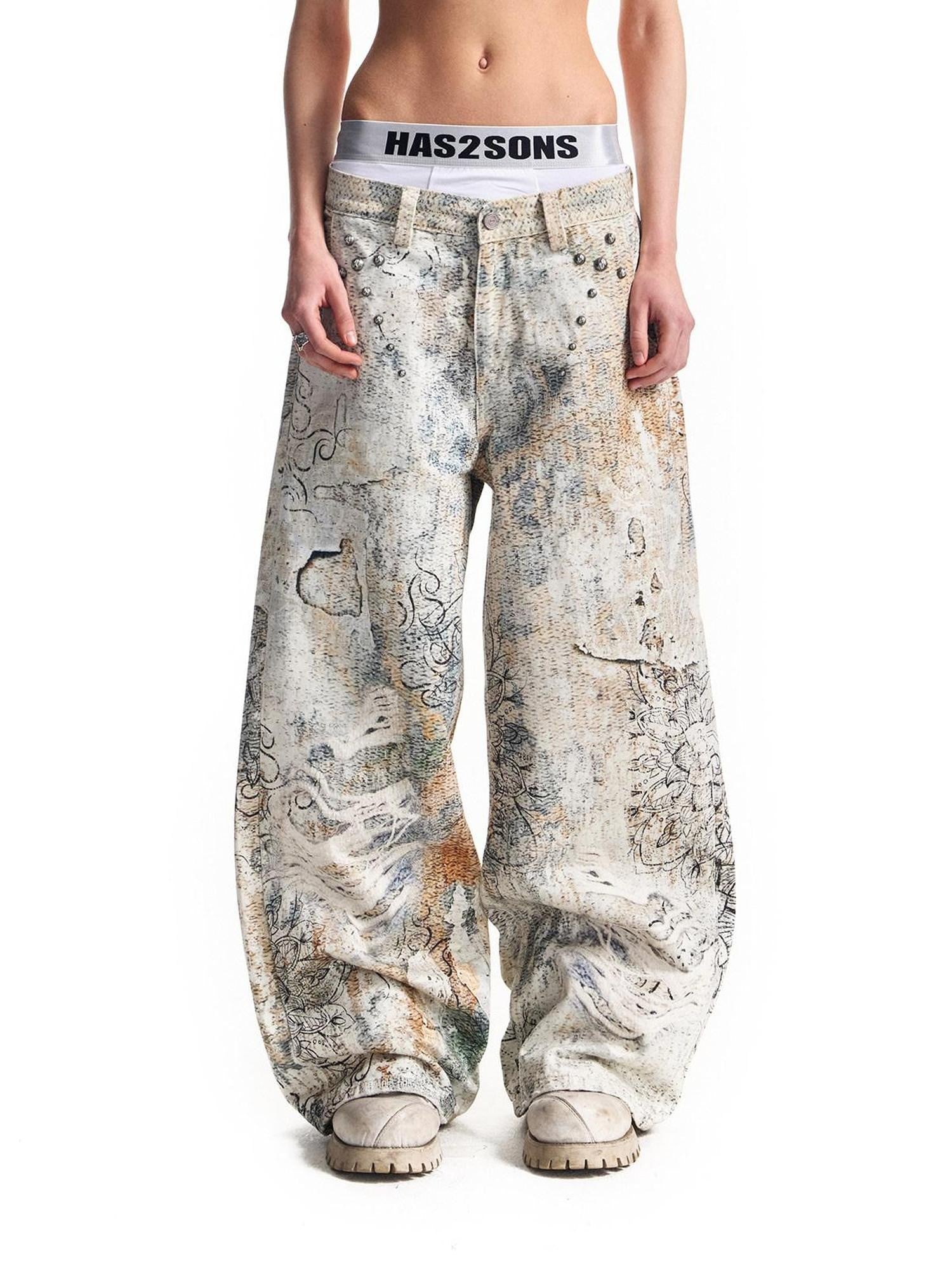 HAS2SONS Digital Print Boro Distressed Rivet A Line Women's Cotton Loose Jeans