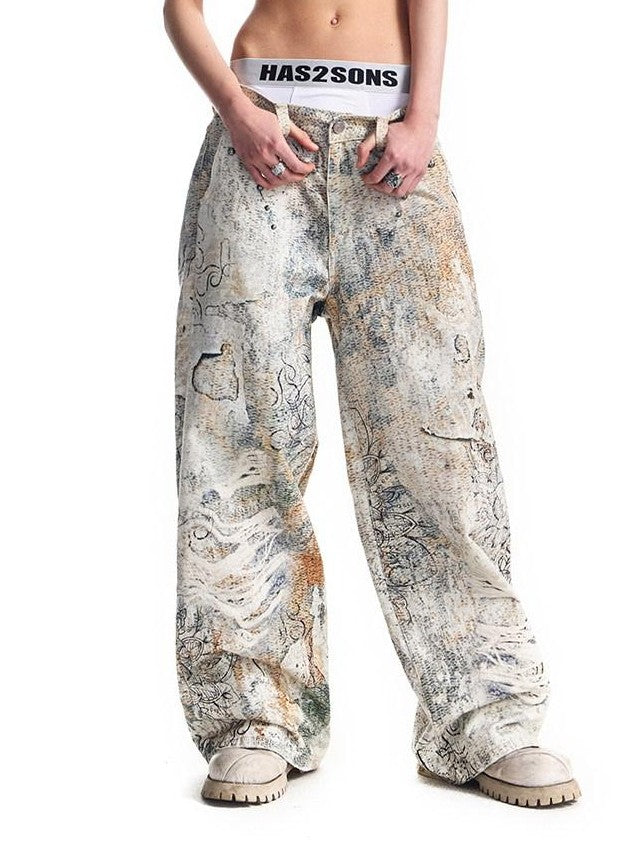 HAS2SONS Digital Print Boro Distressed Rivet A Line Women's Cotton Loose Jeans